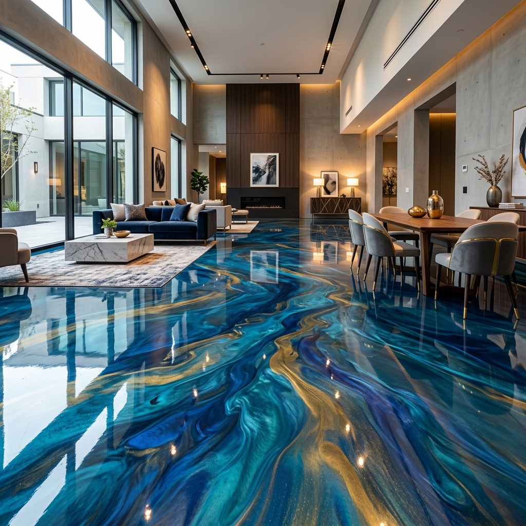 Metallic epoxy flooring with stunning 3D ocean blue and gold swirl effect in a luxury home